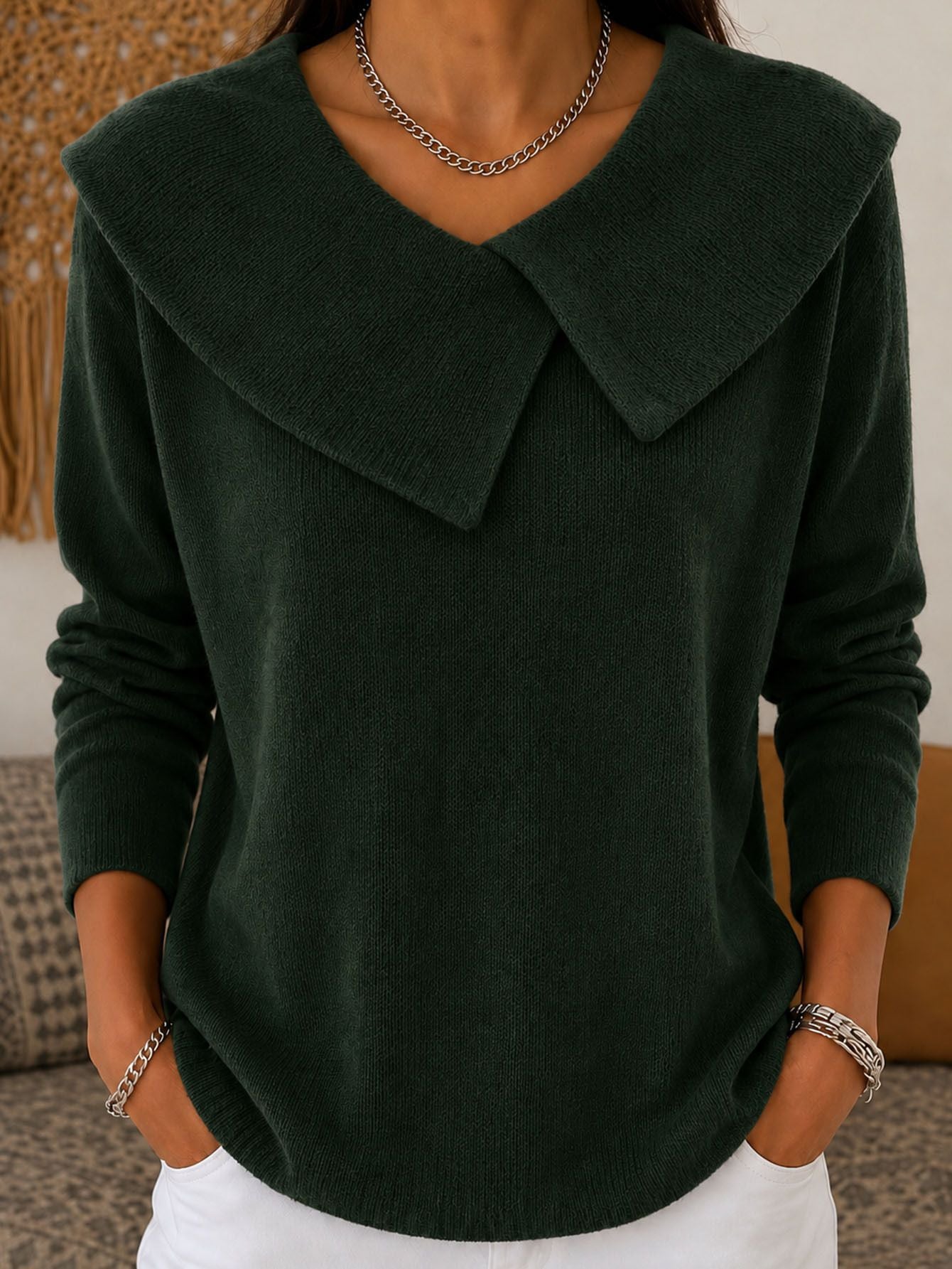Slim-fit col V Sweater Versatile Solid-color Knit Top