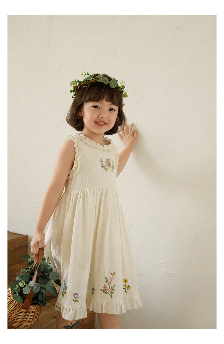 Robe de broderie florale en coton beige pour filles