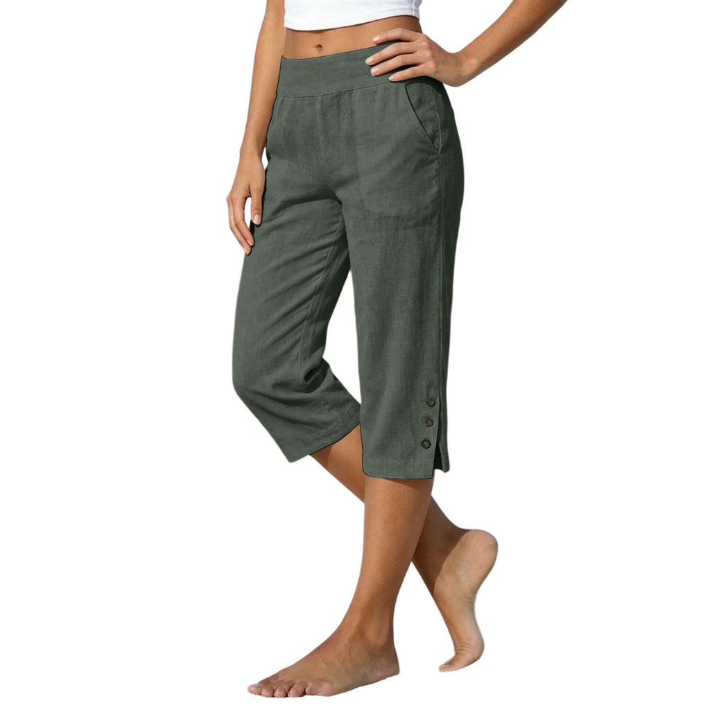 Femmes taille haute Loose-fit Slit-front Casual Jambe droite pantalons avec boutons