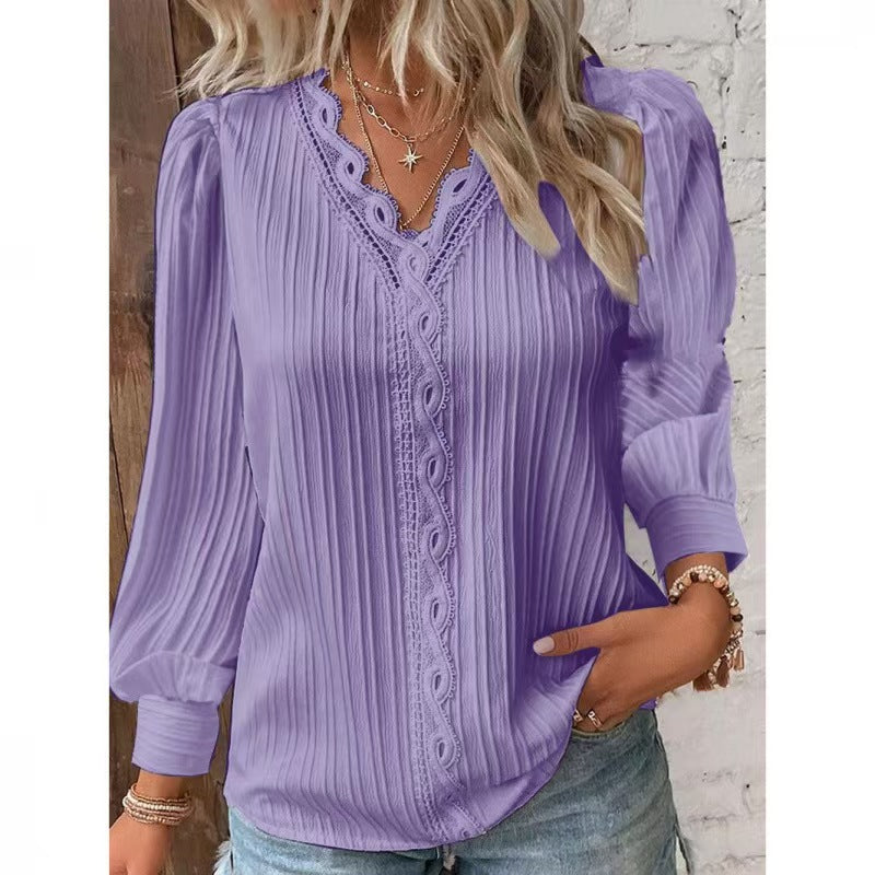 Station Indépendante Wish Amazon Style Autum à manches longues V Collier Dentelle Splicing Chemise Femmes'