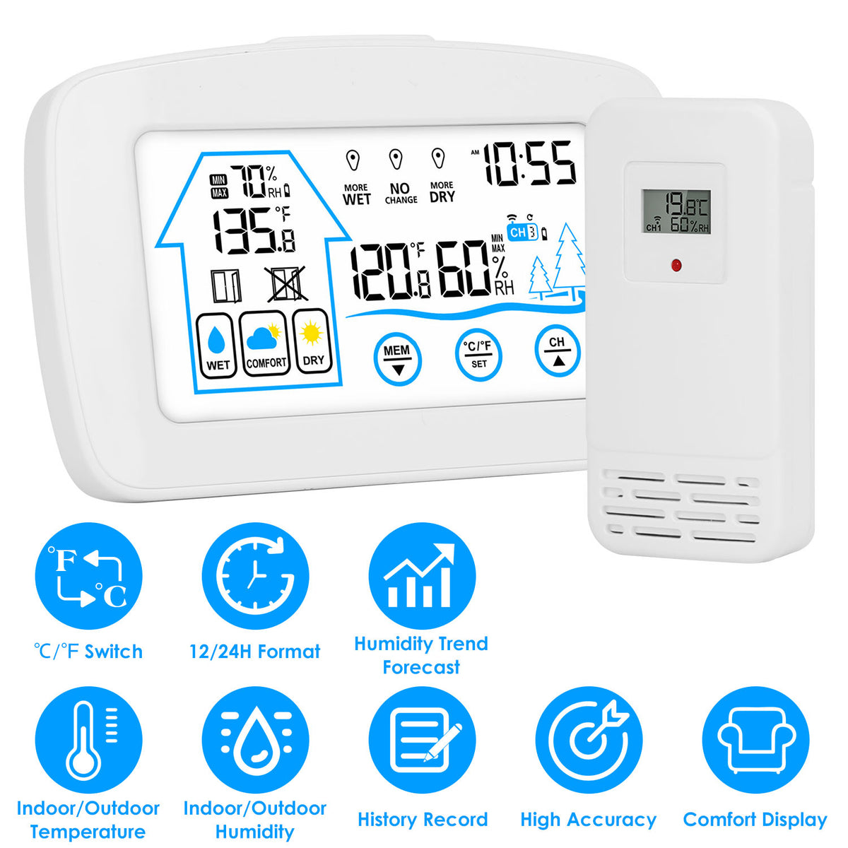1Pc station météorologique sans fil avec horloge 196FT gamme intérieure détecteur de thermomètre extérieur Temp