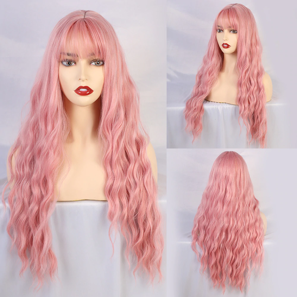 Couverture longue perruque rose bouclée de longueur moyenne