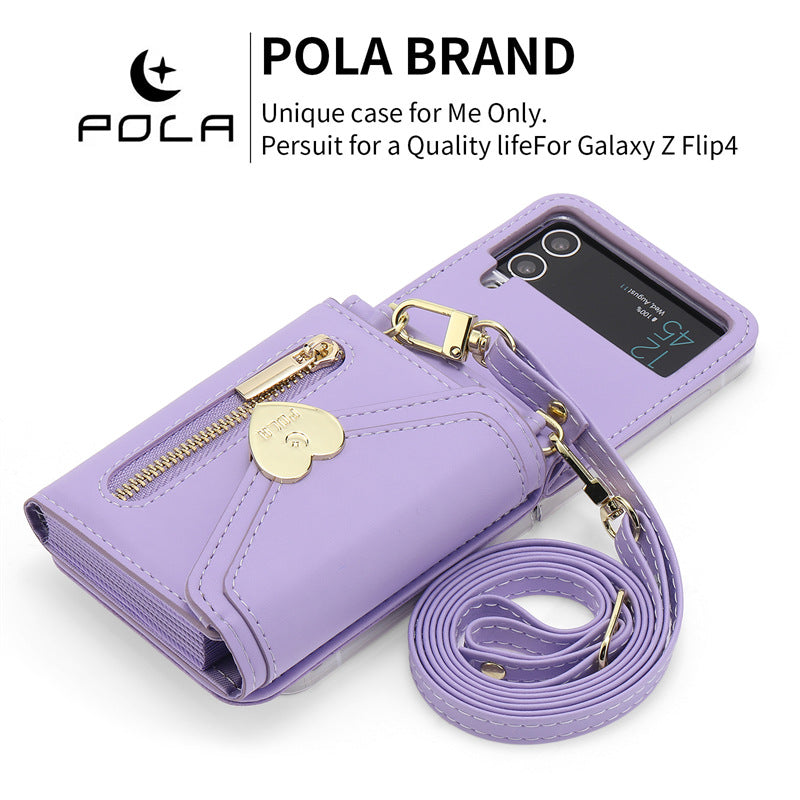 Étui en cuir pliant Coeur en métal Étui téléphone zippé de grande capacité
