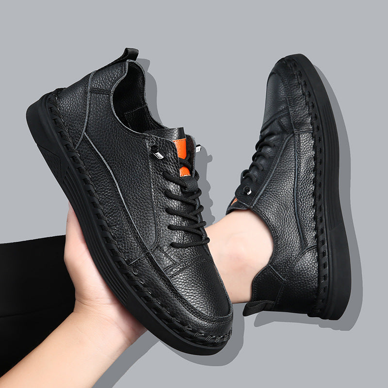 Sneakers en cuir véritable polyvalent couleur solide pour hommes