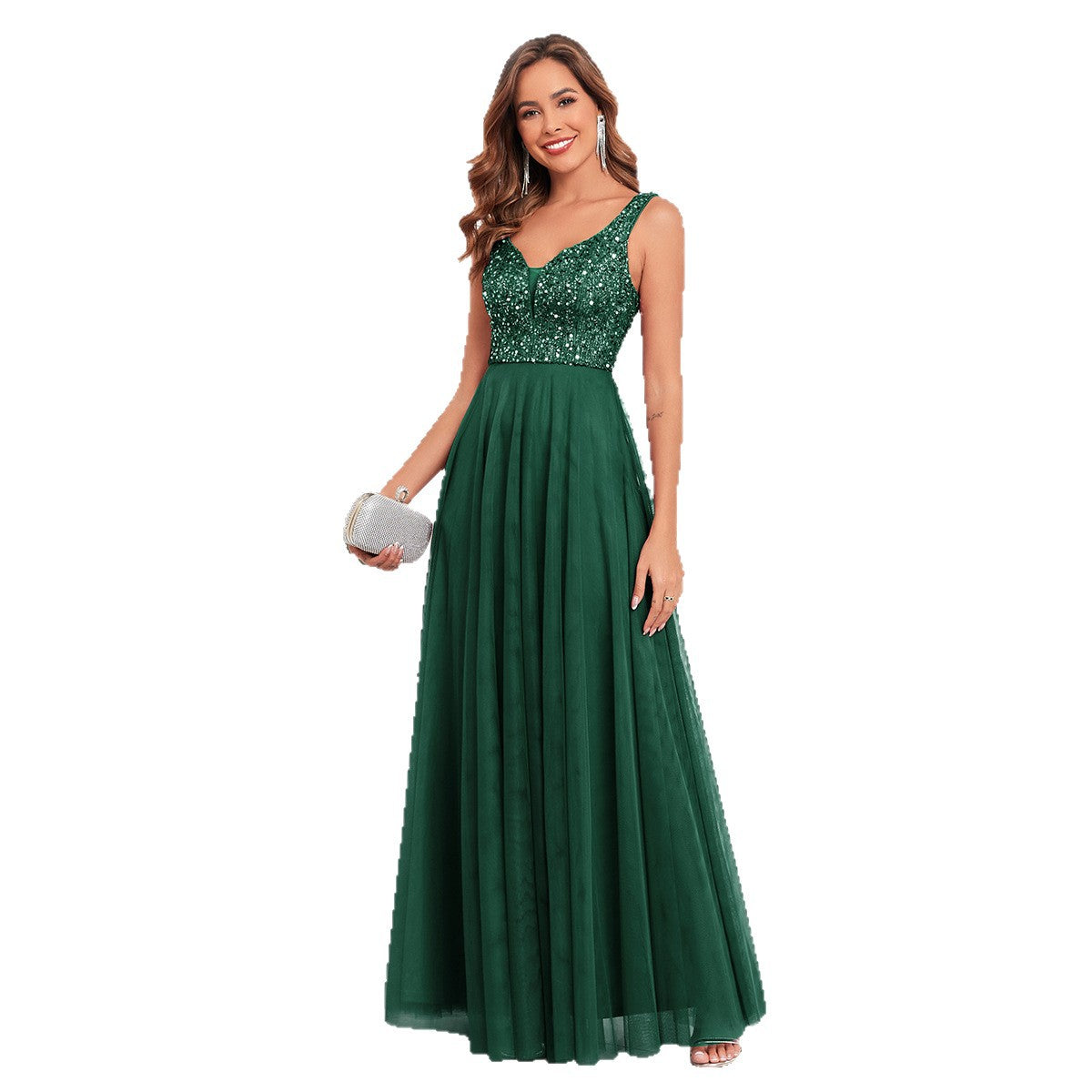 Robe de soirée à mailles pailletées Double V-Neck