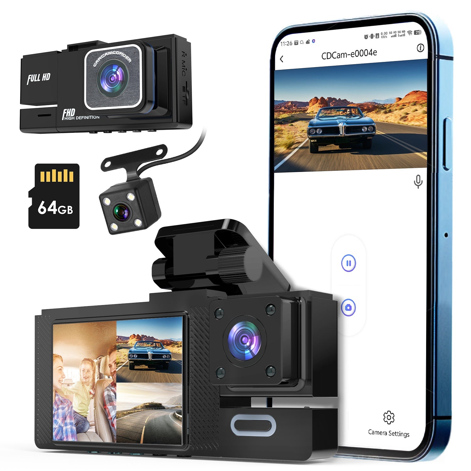 1Pc WiFi FHD 1080P voiture Dash Cam 3 canaux arrière avant caméra de Dash intérieur avec boucle Recordi