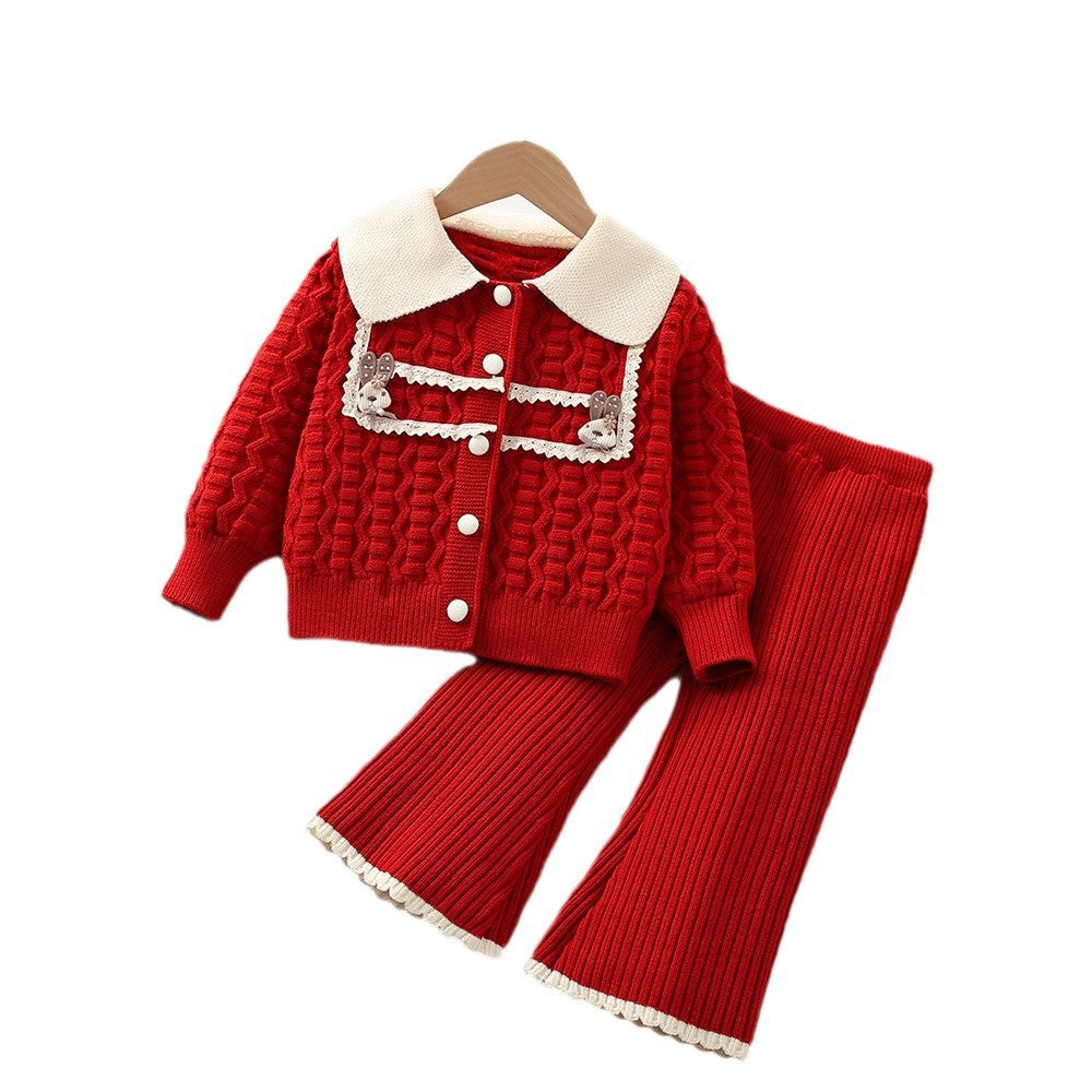 Cardigan tricoté et pantalons de style occidental Set en deux pièces pour bébé fille