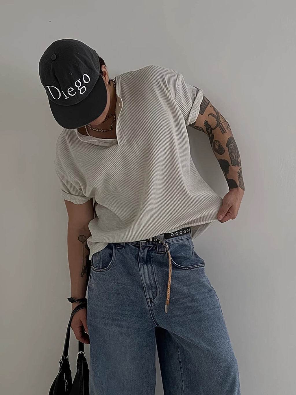 Henry Collar Waffled T-shirt à manches courtes Style américain d'été pour hommes Base simple Top Lig