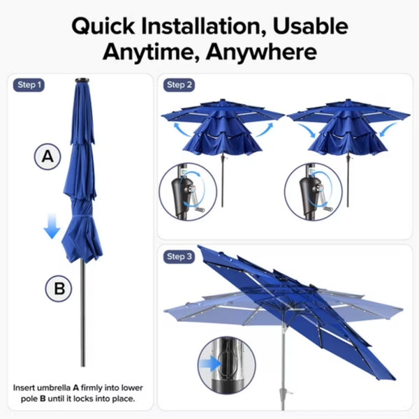 10 FT 3-Layer Solar Patio Umbrella 32 LED Lights Market Umbrella with Adjustable Tilt 8-Rib