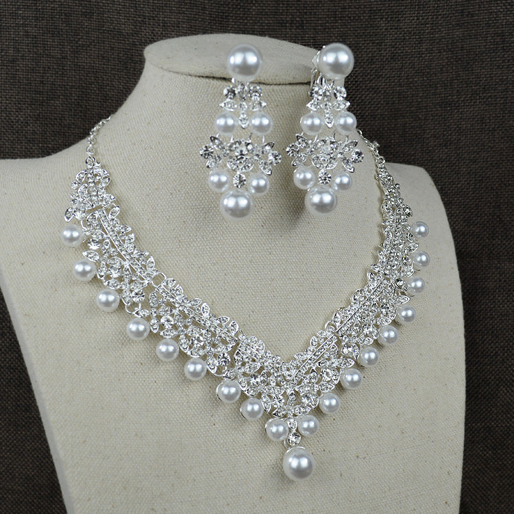 Collier en perles blanches diamant costume mariée accessoires de mariage boucles d'oreilles de cheveux ensemble 0284