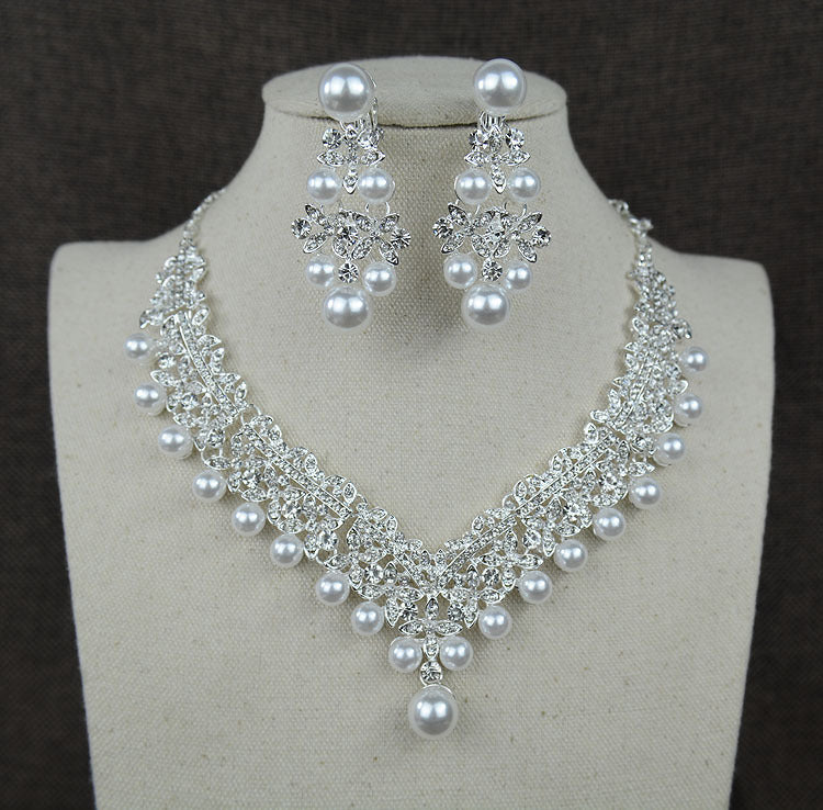 Collier en perles blanches diamant costume mariée accessoires de mariage boucles d'oreilles de cheveux ensemble 0284