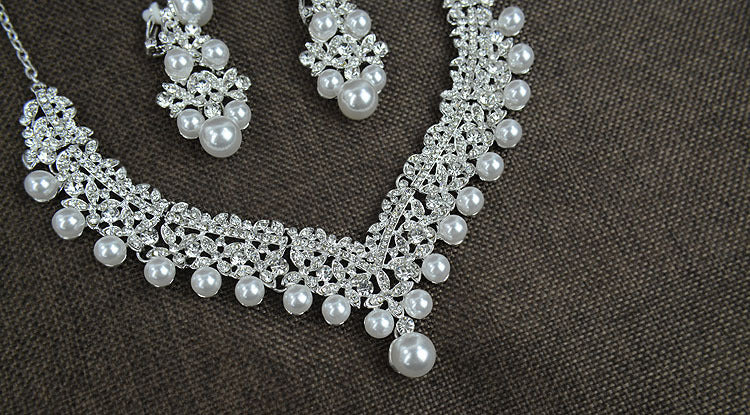 Collier en perles blanches diamant costume mariée accessoires de mariage boucles d'oreilles de cheveux ensemble 0284