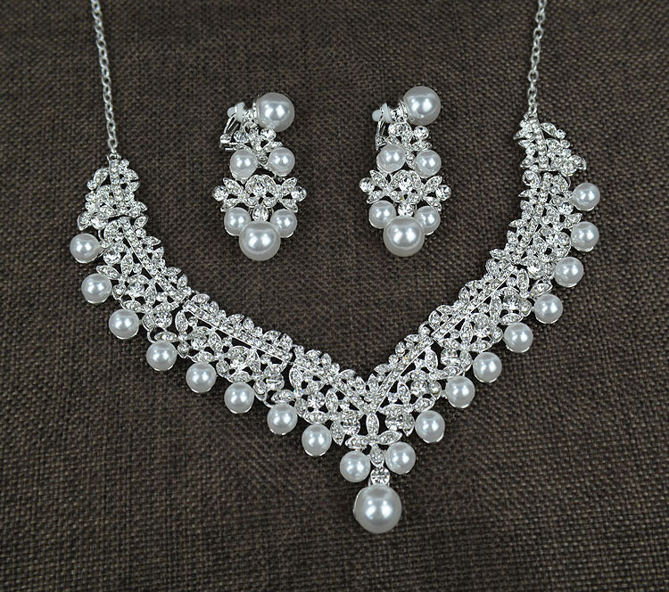 Collier en perles blanches diamant costume mariée accessoires de mariage boucles d'oreilles de cheveux ensemble 0284