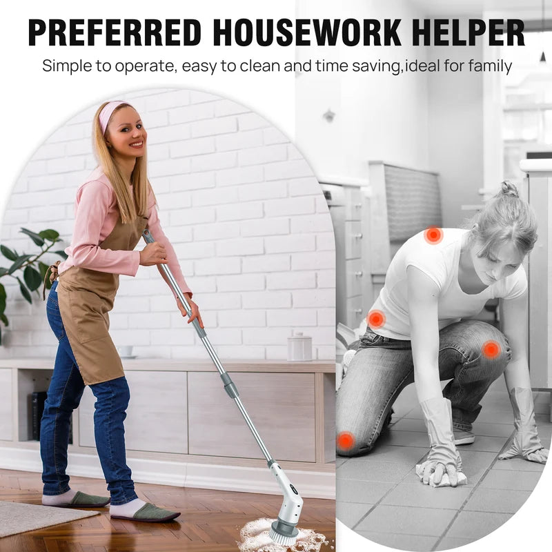 Electric Rotary Scrubber with Adjustable Handle for Power Cleaning and 9 Interchangeable Brushes