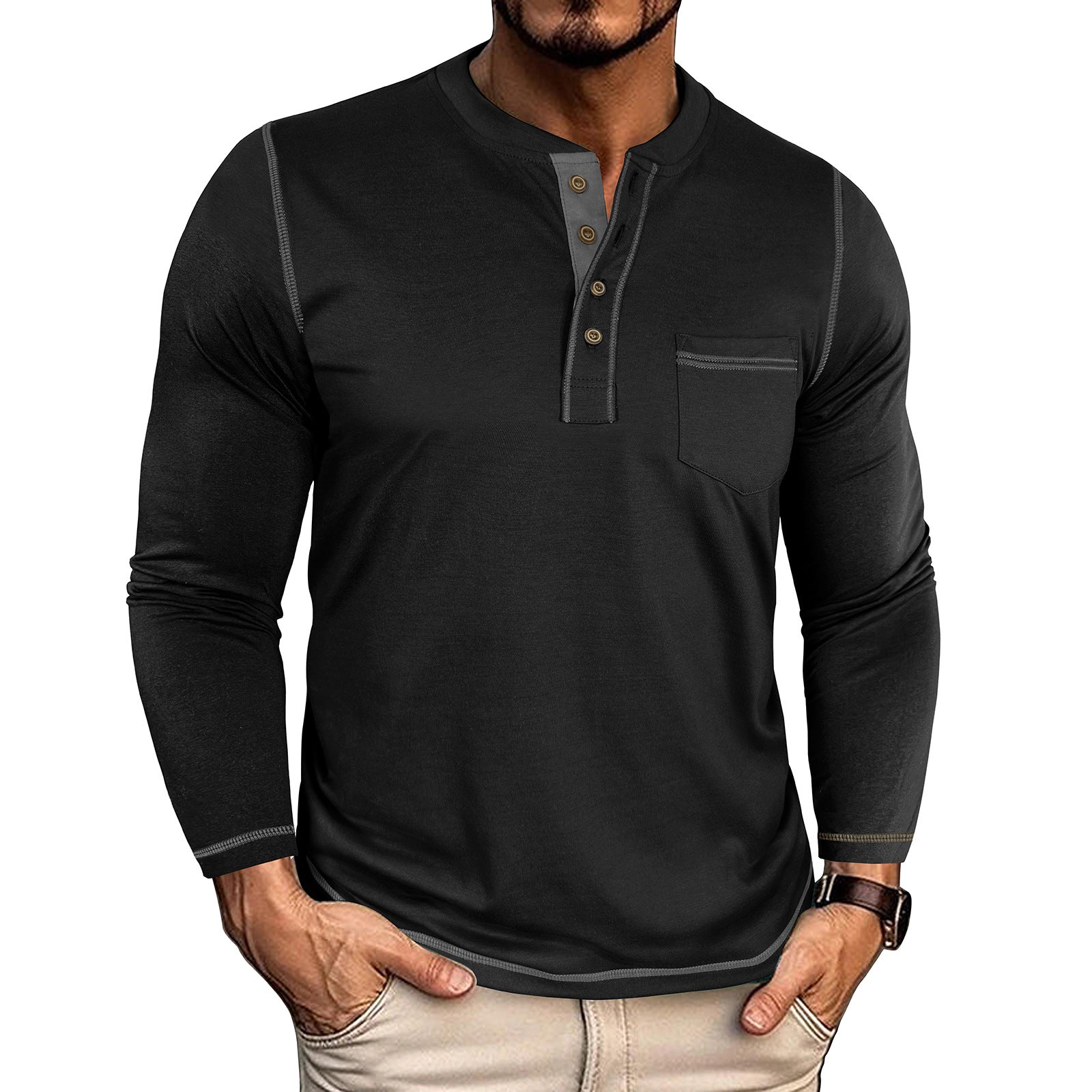 T-shirt homme col rond avec une poche Henley et manches longues