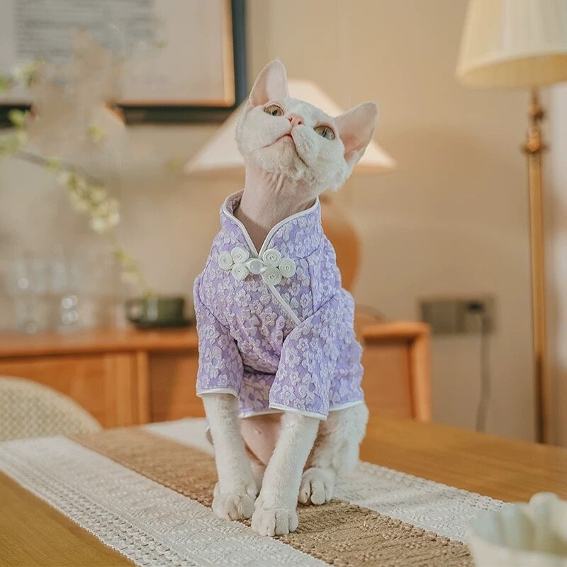 Robe de Cheongsam de fleur brodée 3D de chat sans cheveux