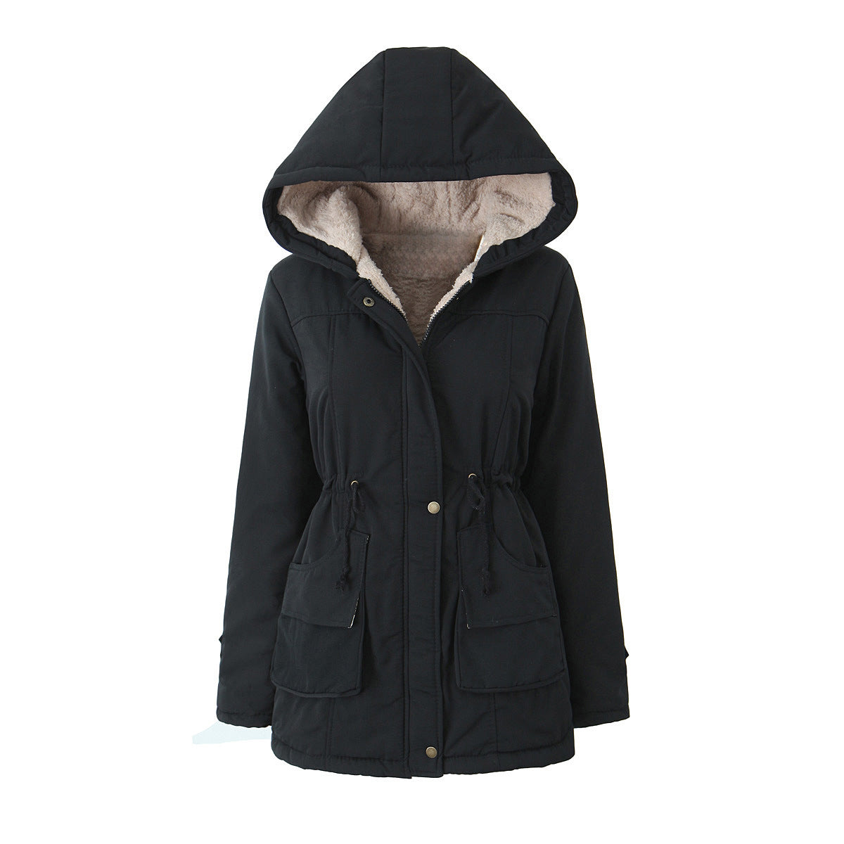 Manteau de coton rembourré mi-longueur à capuchon pour femmes