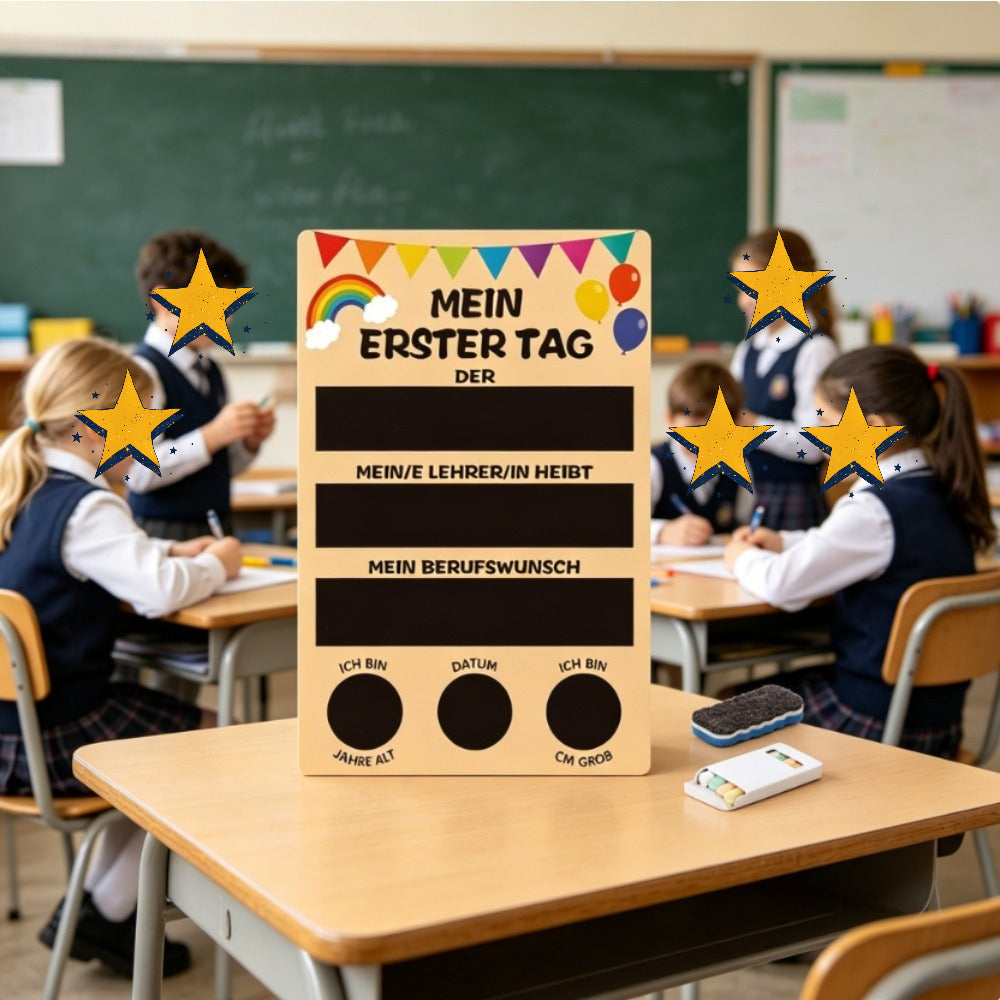1 Le premier jour de l'école Le panneau en bois avec l'éponge pour le premier jour de la célébration de l'école—Pa