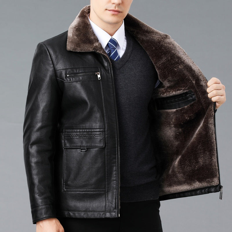 Véritable manteau en cuir et fourrure d'une seule pièce avec un lapel doublé de polaire pour plus de chaleur