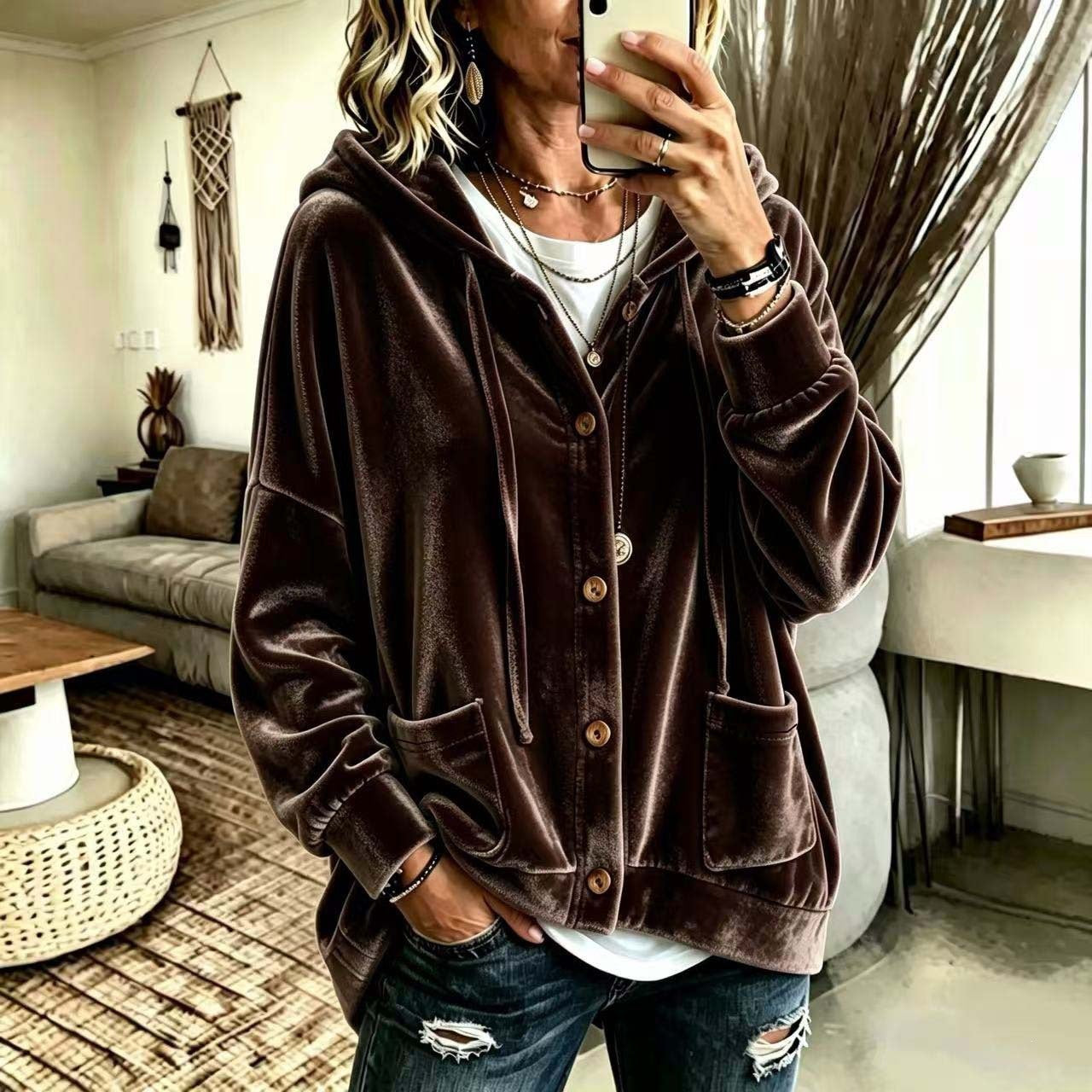 Femmes Automne Veau d'hiver Hoodie Cardigan Bouton avant cordon drawstring manches longues Casual Loose