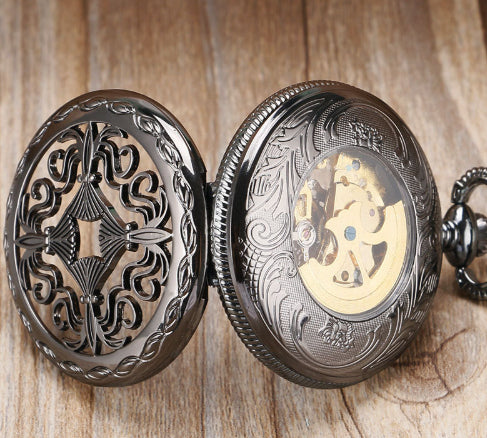 Montre de poche mécanique automatique à motif creux sculpté classique rétro