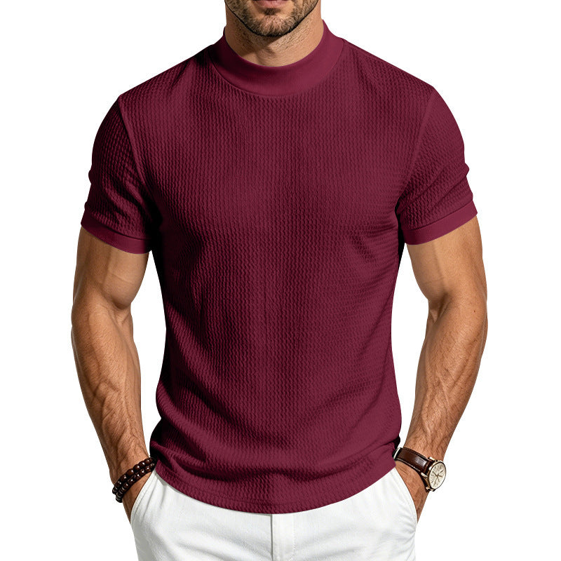 Men's Casual Jacquard Ribbon Texture Mock Neck Short Sleeve Top