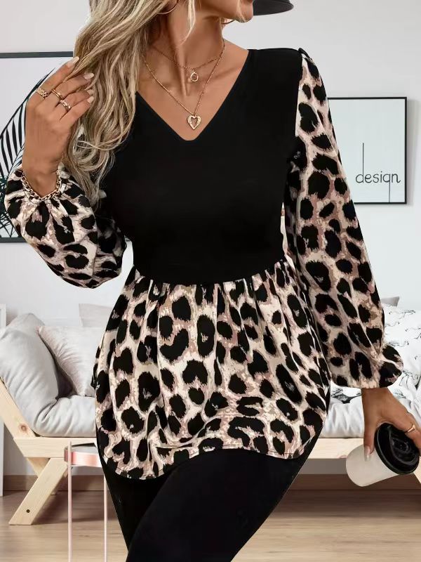 Women's Autumn Winter Patchwork Leopard Print V-neck Long Sleeve Dress
