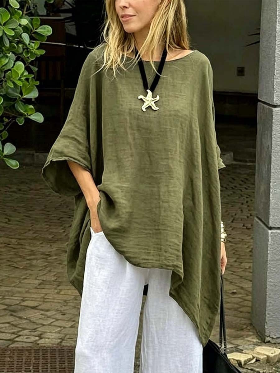 European and American Women's Clothing Summer Amazon Solid Color Loose Round Neck Cotton-l
