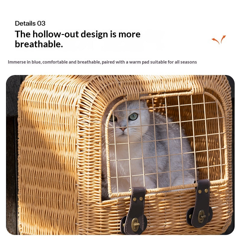 Portable porte-chat en rotin avec ventilation et poignée de traction pour les sorties