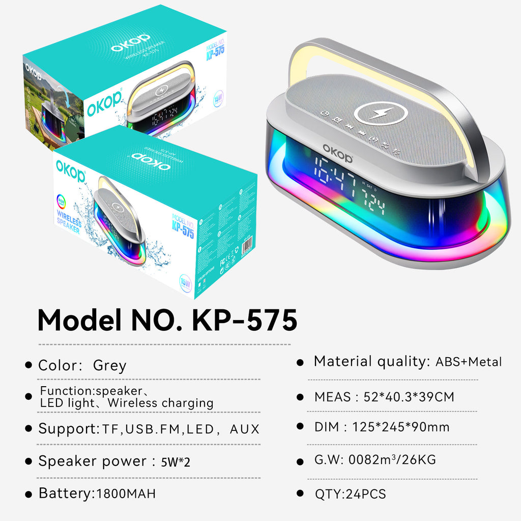 KP-575 Bluetooth Haut-parleur15W sans fil de recharge de bureau réveil RGB lumière ambiante blanc