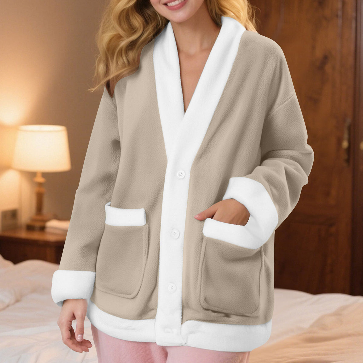 Amazon site indépendant Automne et hiver V-Neck Manches longues Couleur-Block Cardigan Flannel