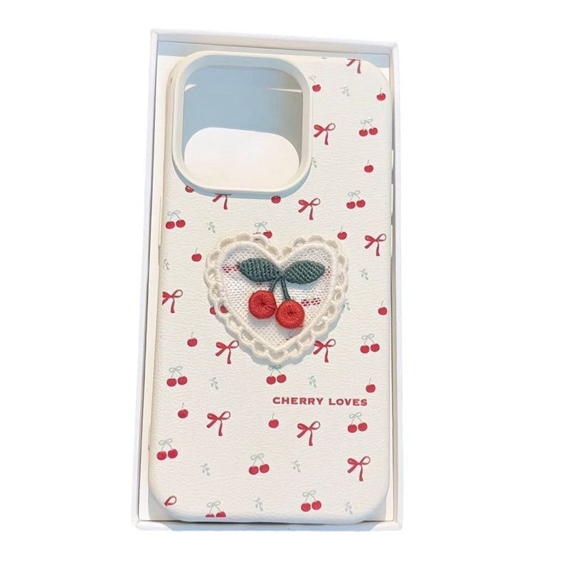 Ins Style coréen brodé cerise cas de téléphone en cuir