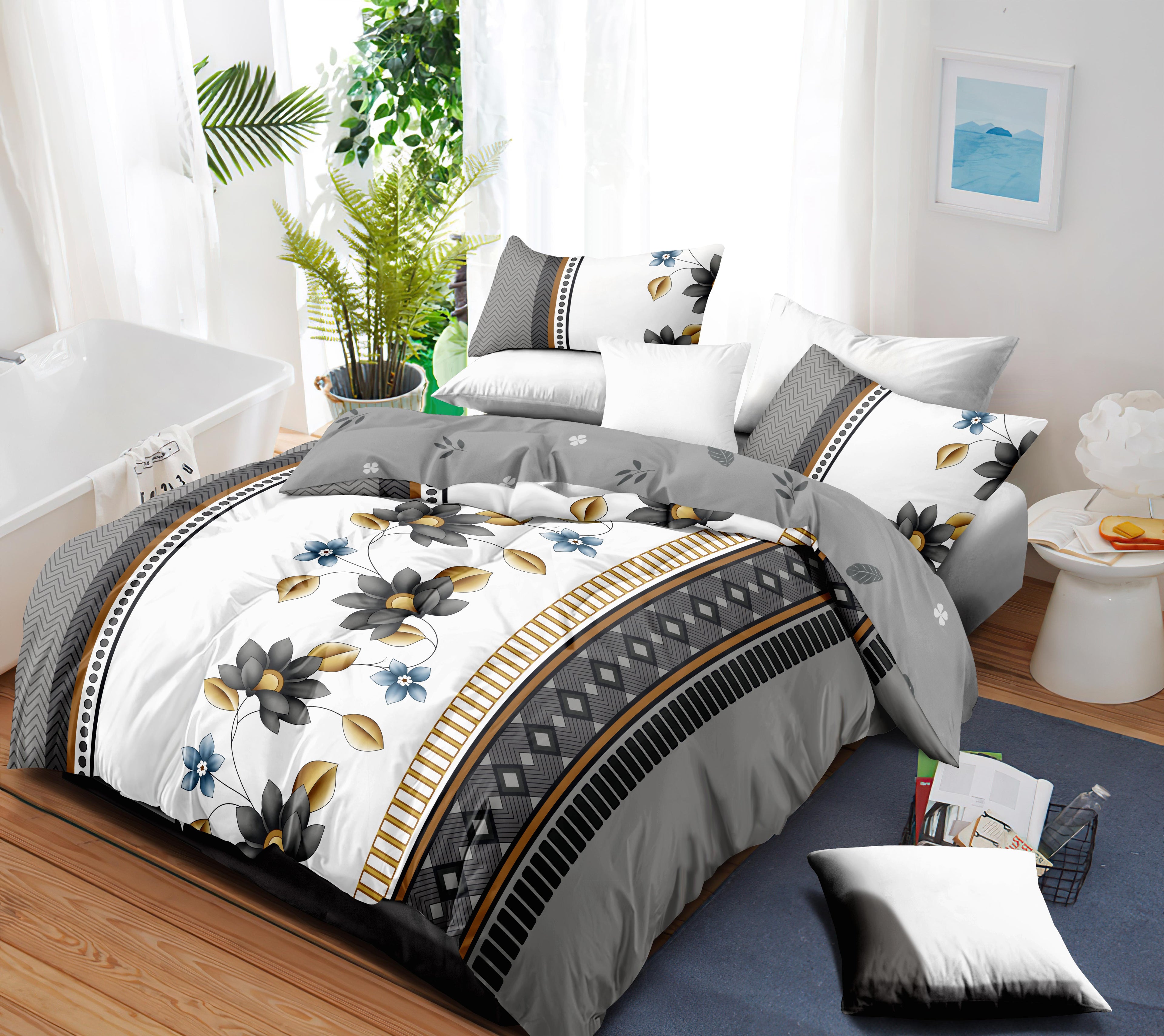 Ensemble de literie 4 piece gris et blanc de couette florale pour la Reine