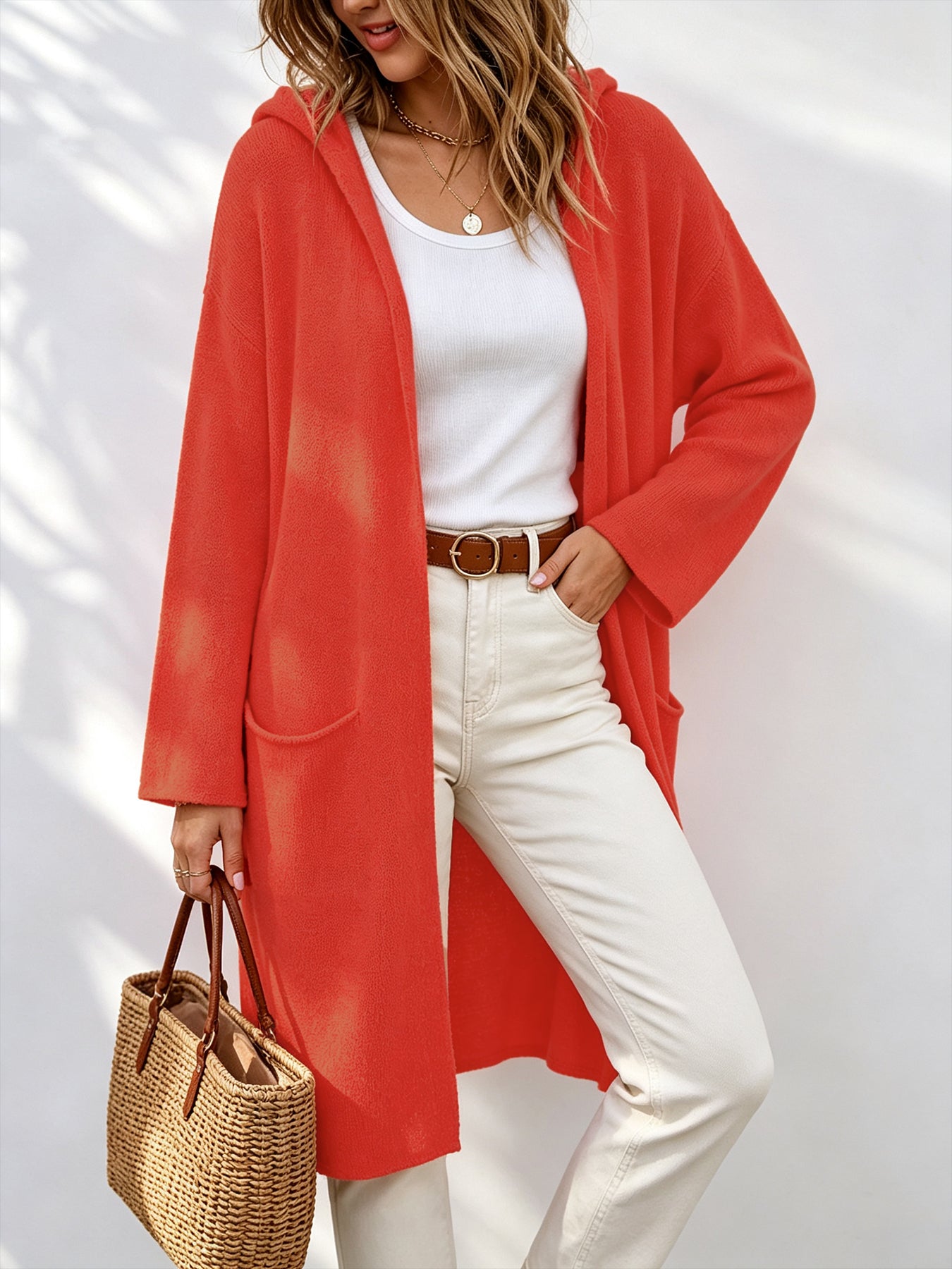 Printemps Automne Quotidien à capuche Long Cardigan