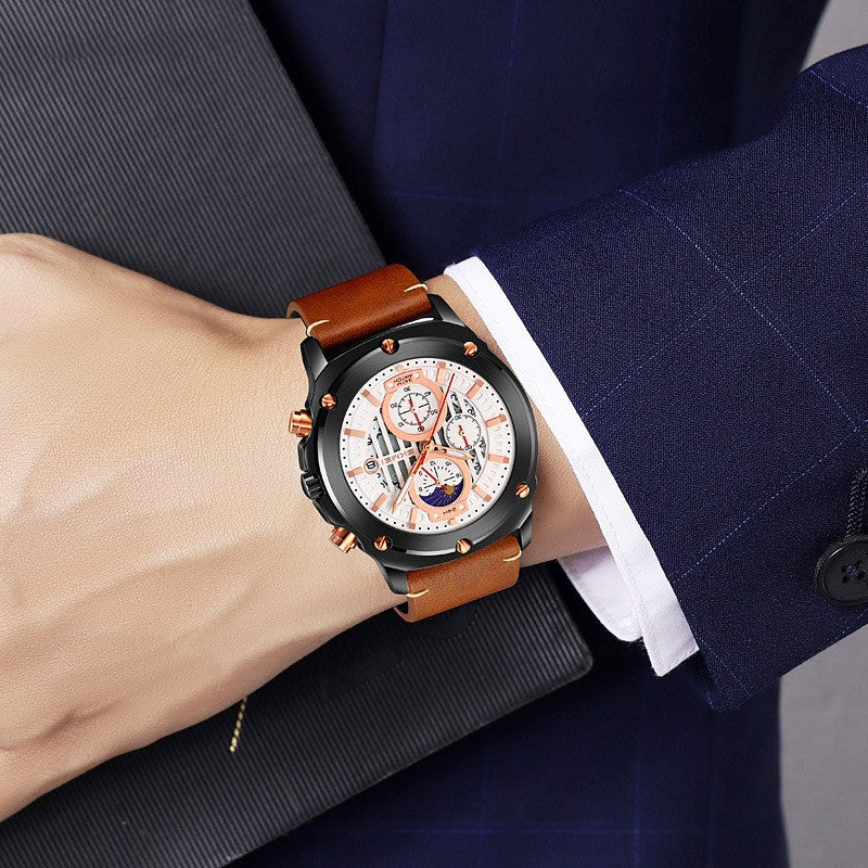Montres de mode homme Tendance Ceinture homme montre trois yeux et six aiguilles montre Quartz