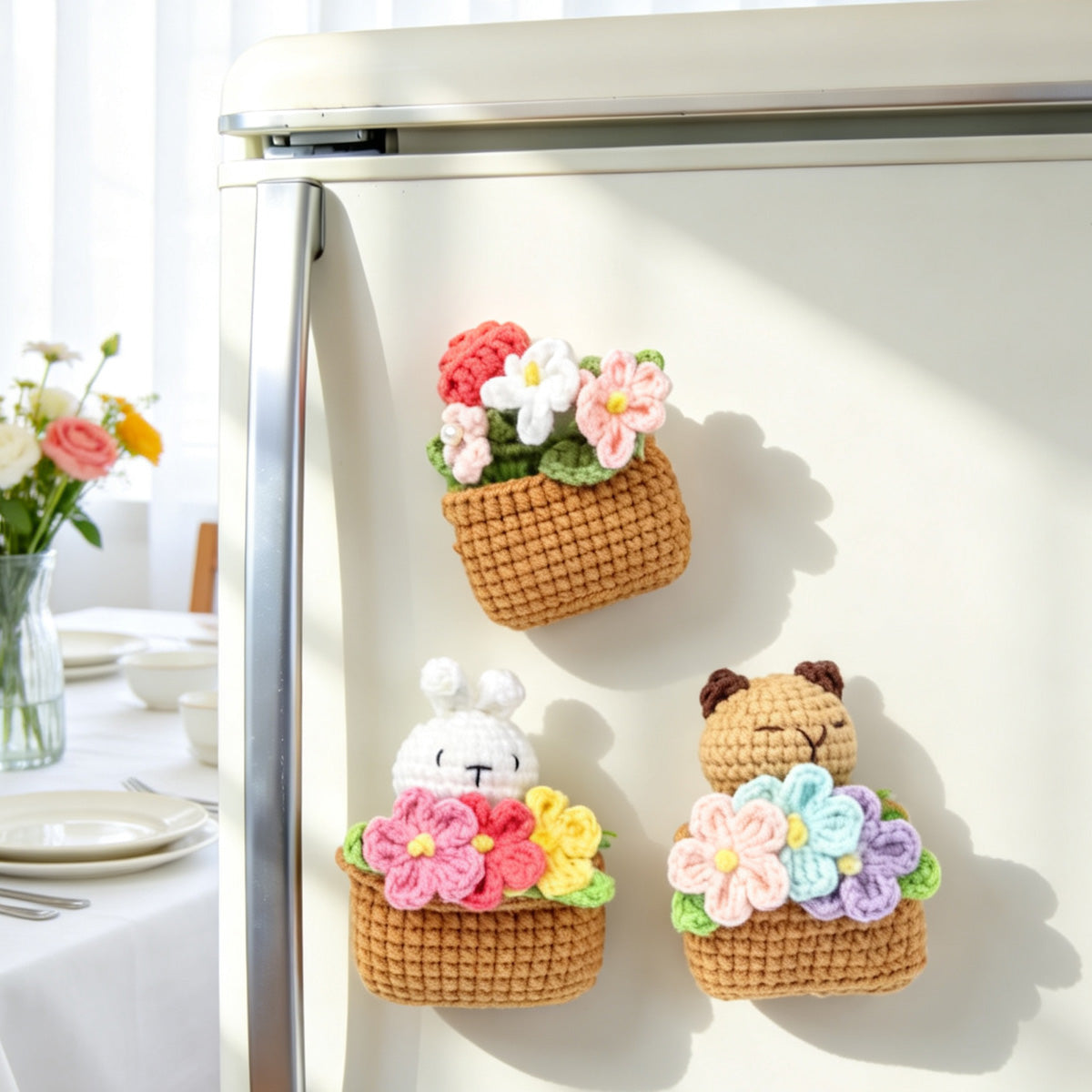 Crochet fait main carré pot de fleur Mignon de poupée trois pièces ensemble avec Bunny Little Ani
