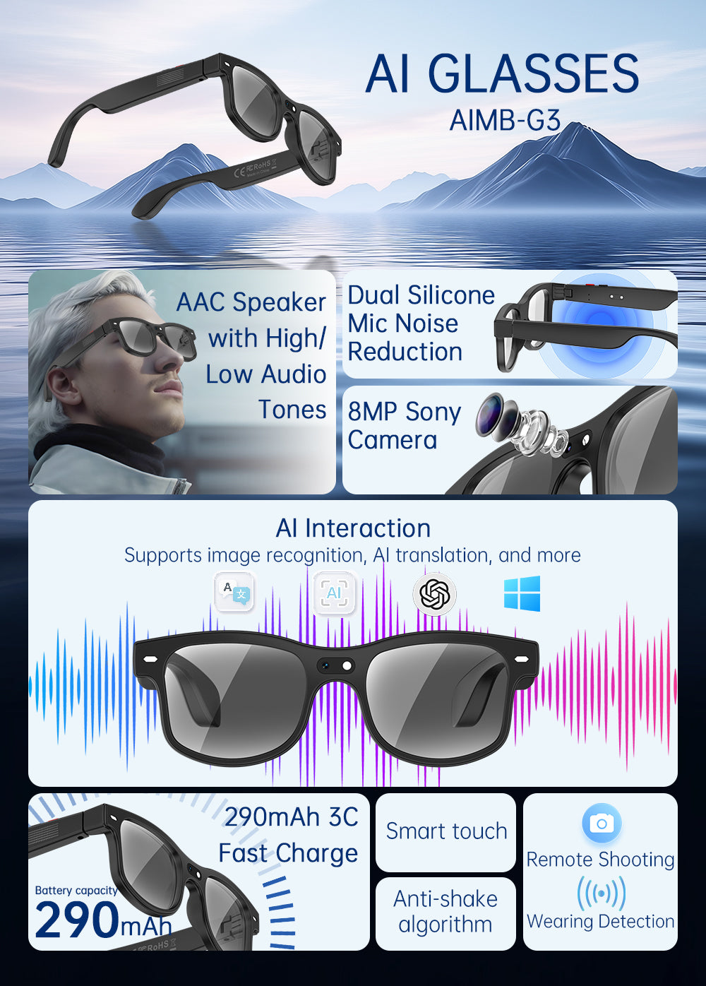 Lunettes de soleil Bluetooth pour la traduction d'appel musical G3