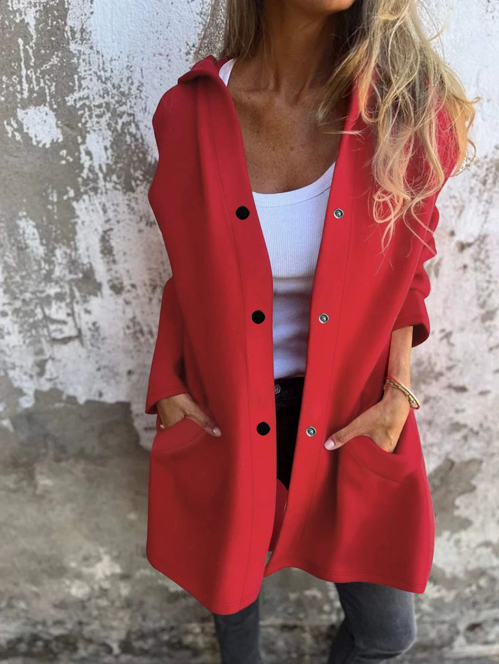 Femmes Bouton à capuche Cardigan à manches longues Loose Mid Longueur Coat Casual Outerwear avec