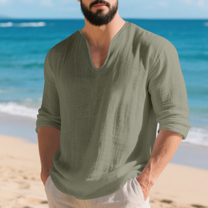 Chemise en V à manches longues en lin casual pour hommes