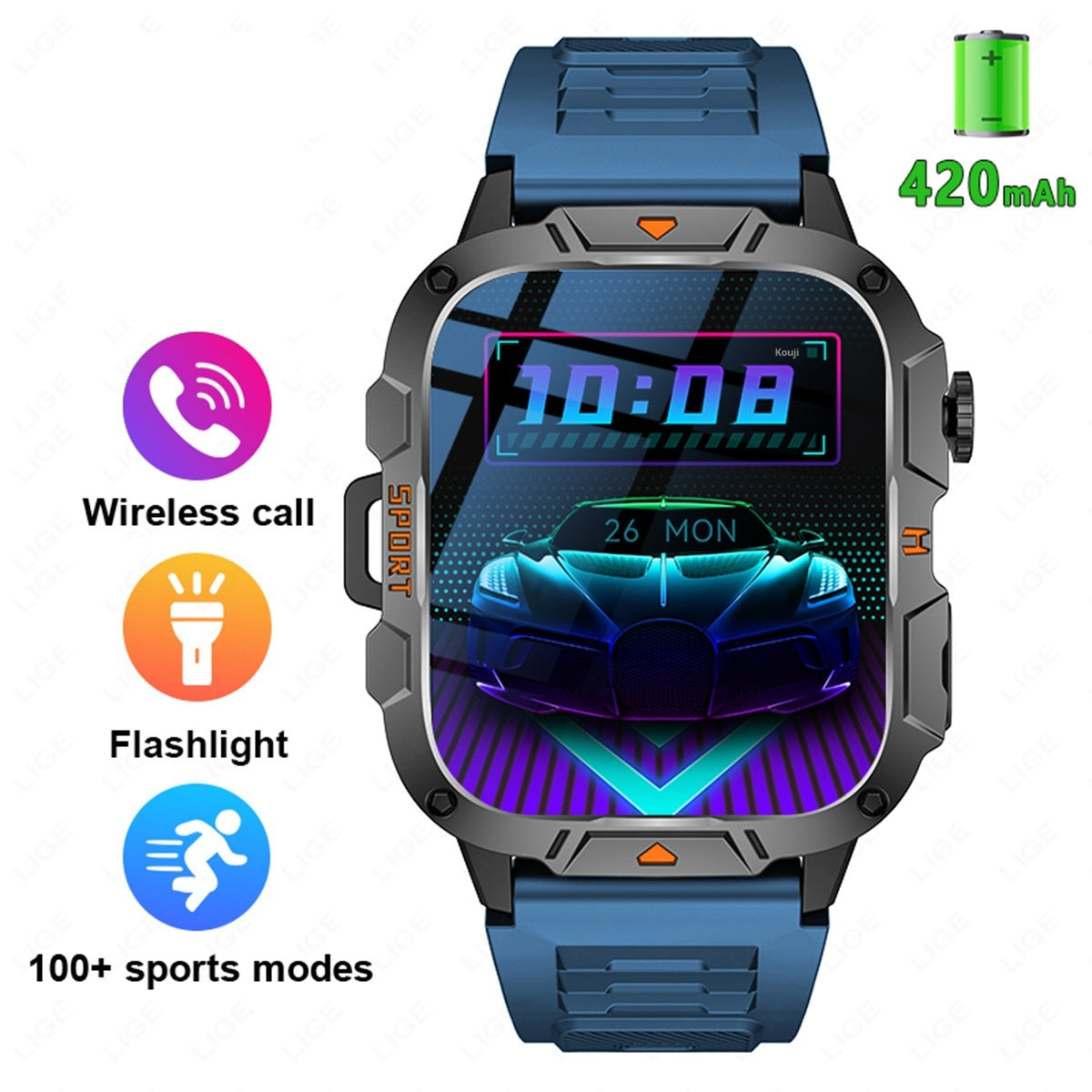 Carré Grand écran Multi-fonctions Sports Courante Coeur Montre intelligente