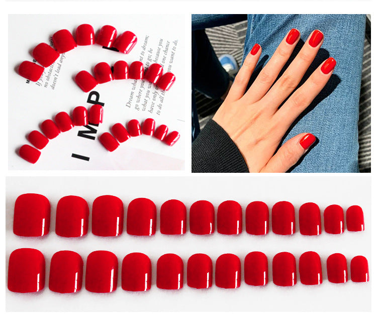 Améliorez votre style 24 Short Square Fake Nails Fashionable Elegant Red Nail Art Set In Soli