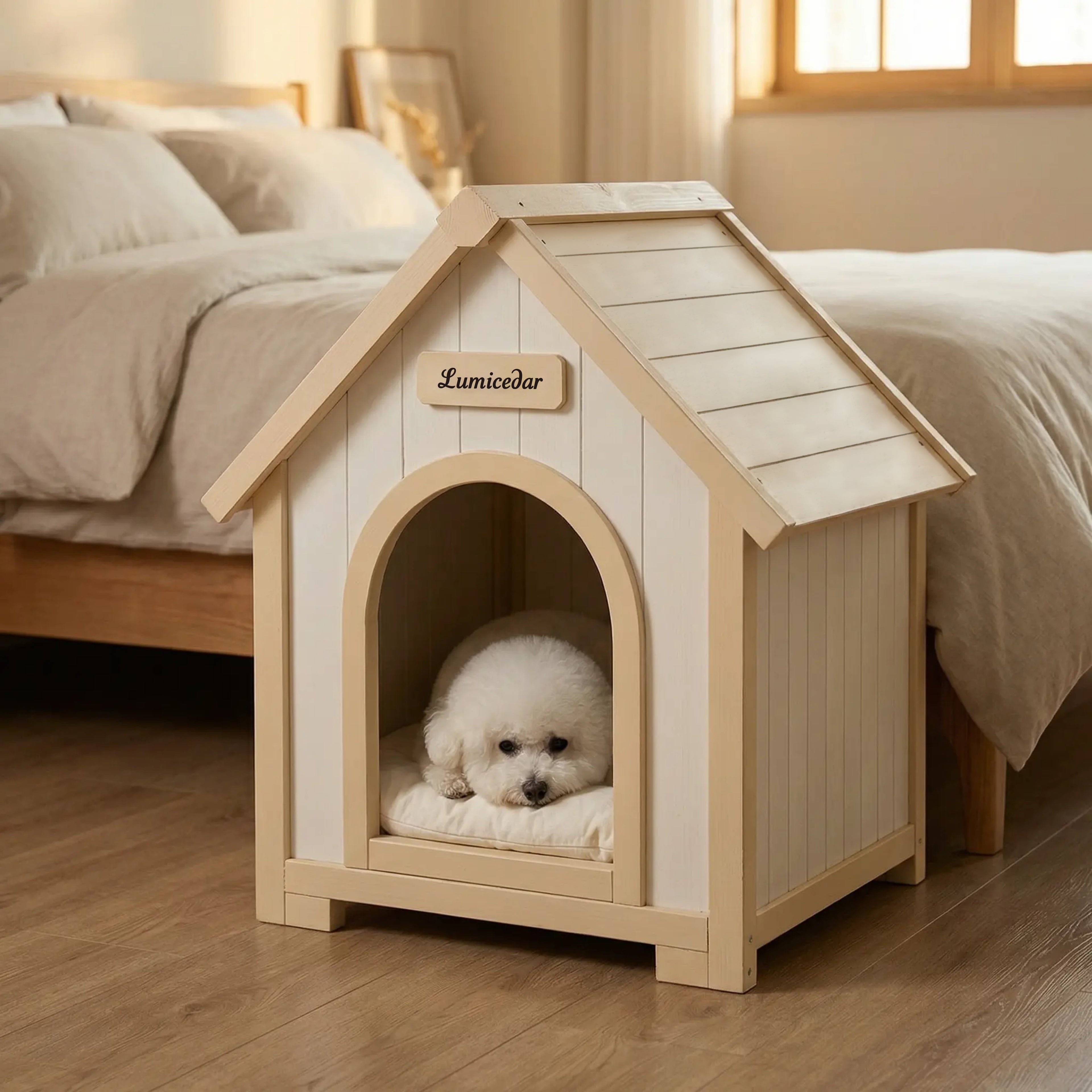 Maison de chien en bois moderne avec coussin EVA – Cèdre solide Pet House pour petits chiens & C