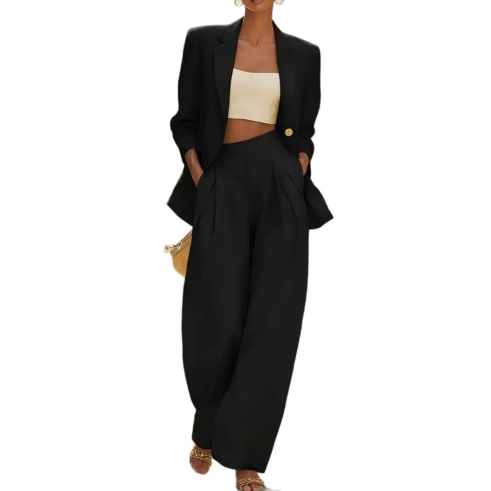 Pantalon bi-pièce pour femmes de couleur unie et pantalon à large jambe
