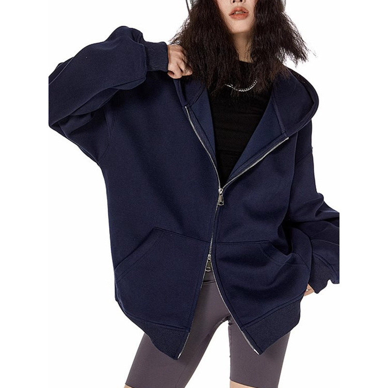 Vintage Heavyweight Gray Hoodie Cardigan Women Hooded Jacket