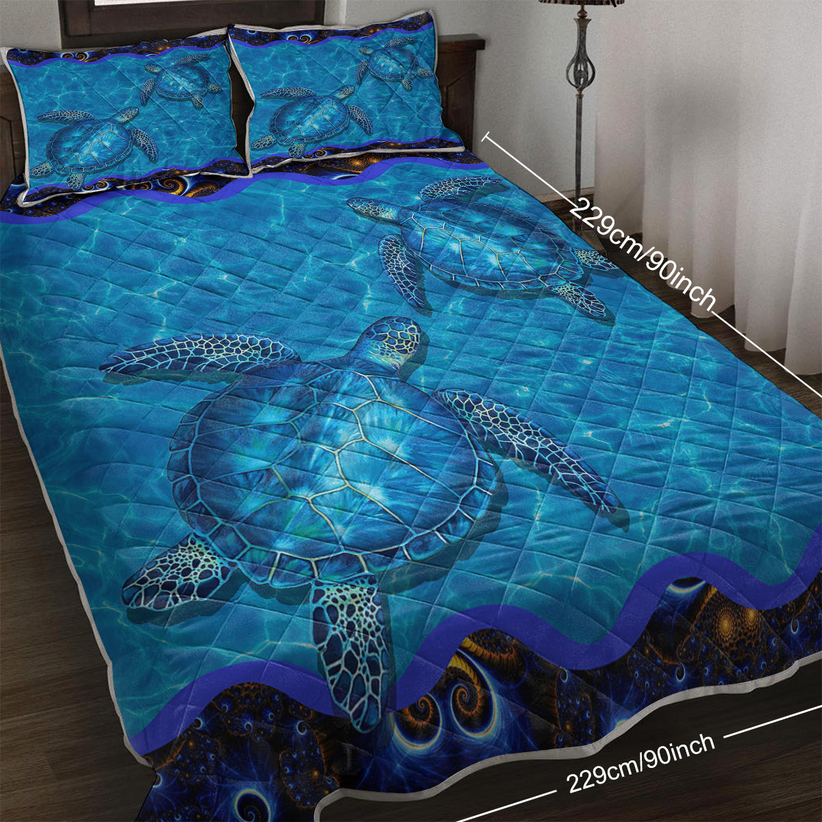 3-Piece Ocean Sea Turtle Printed Quilt Set Soft Microfibre Lightweight Bedspread Coverlet