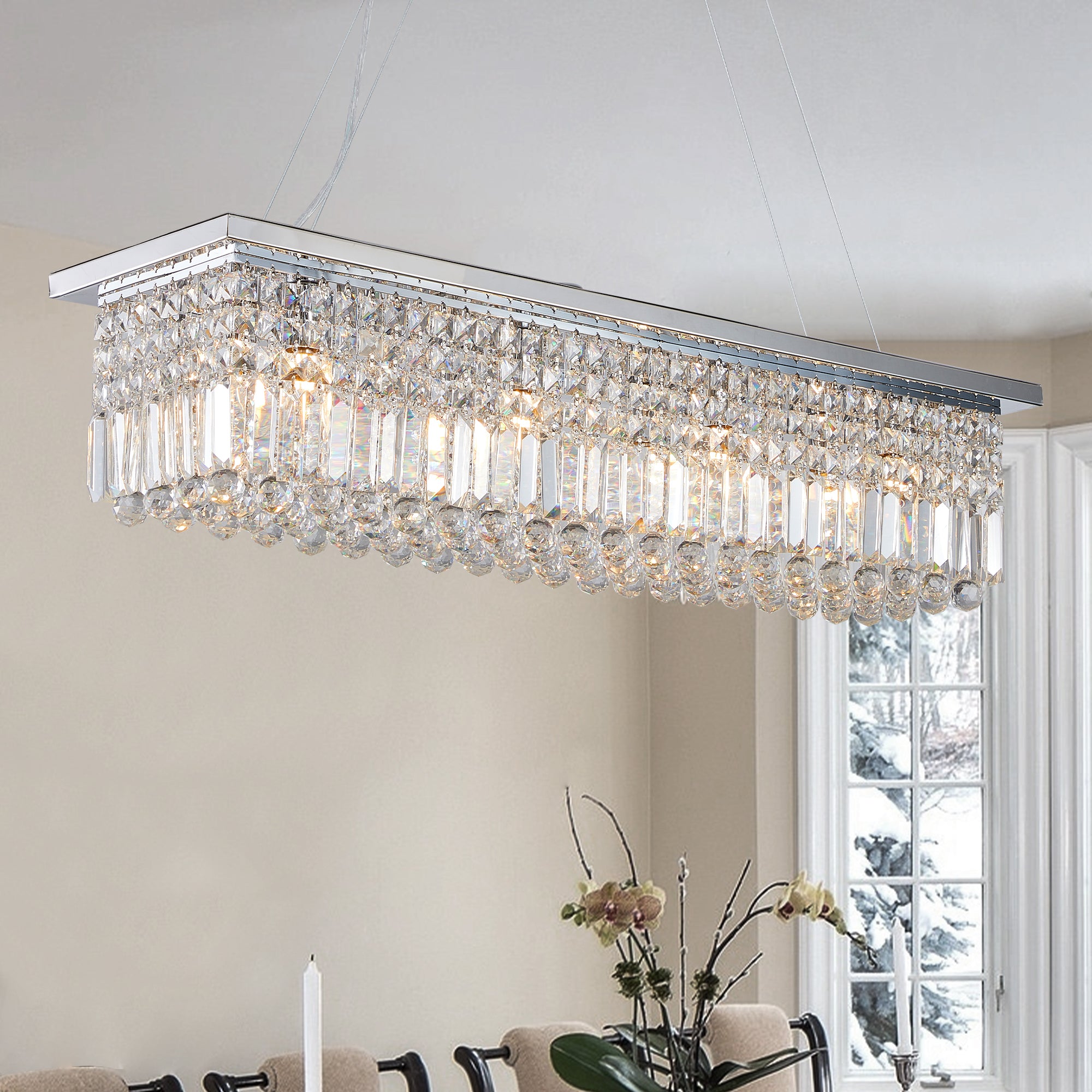 Lustre en cristal moderne pour salle à manger Rectangle blanc 8 lumières Raindrop Lustre Cont