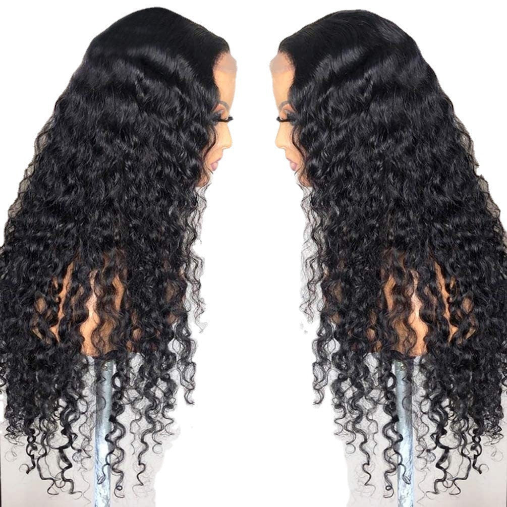 Attaché à la main noir Petit galet européen et de style américain Perruque avant Long Curly Black V