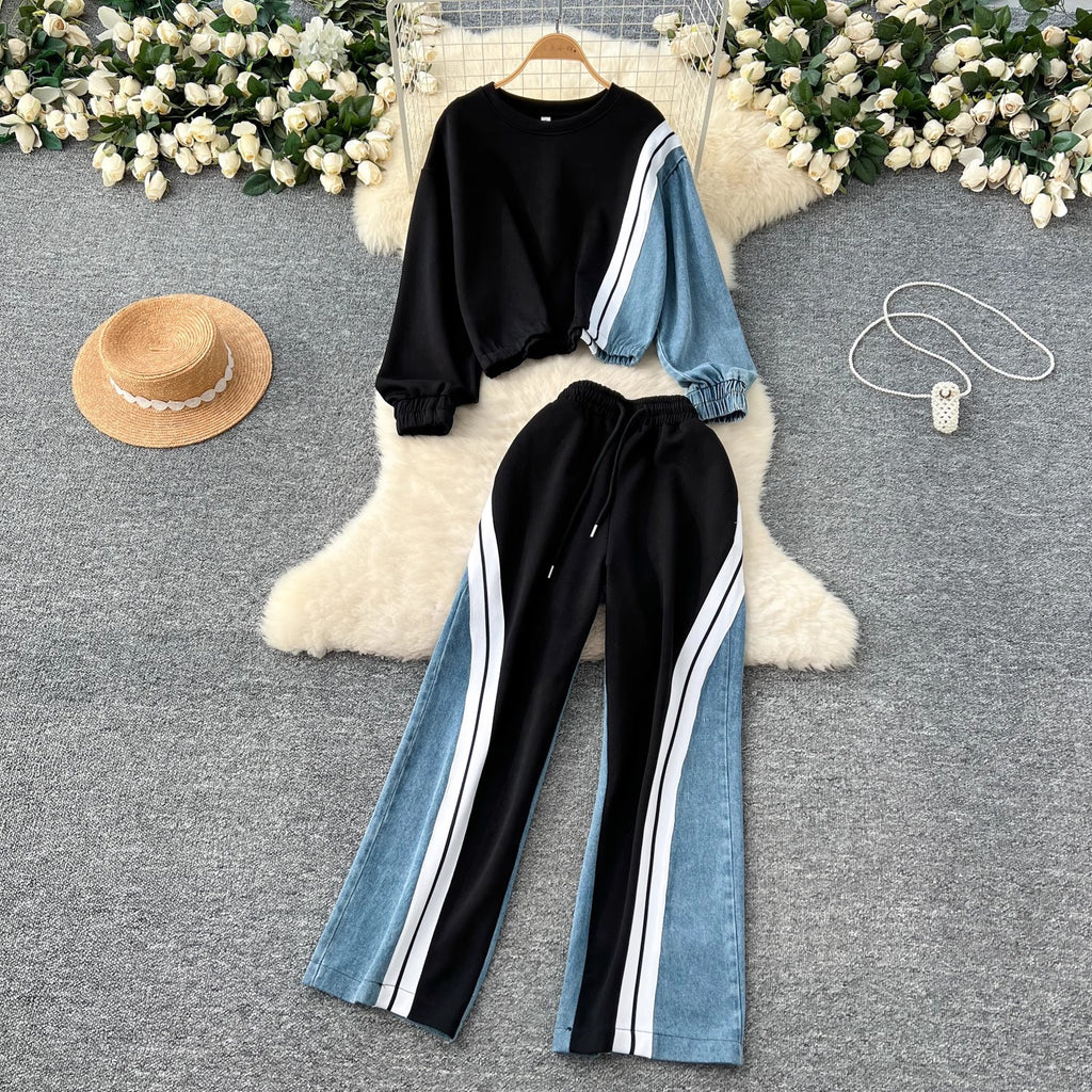 Color-block Hoodie High-Wisted Denim Patchwork Pantalons à large jambe Ensemble de deux pièces