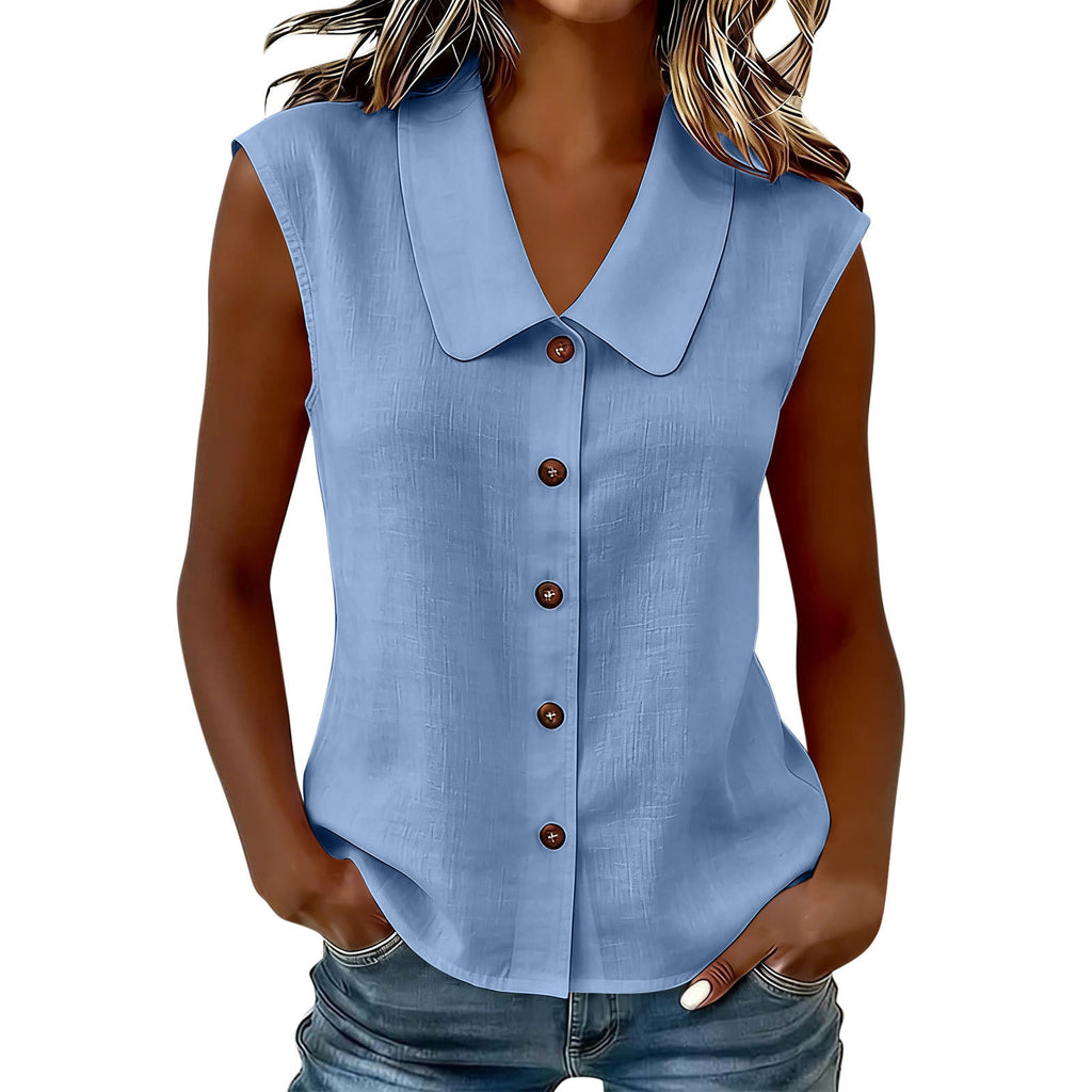 Printemps été femmes S Élégante entreprise Polo cou bouton bas Blouse sans manches