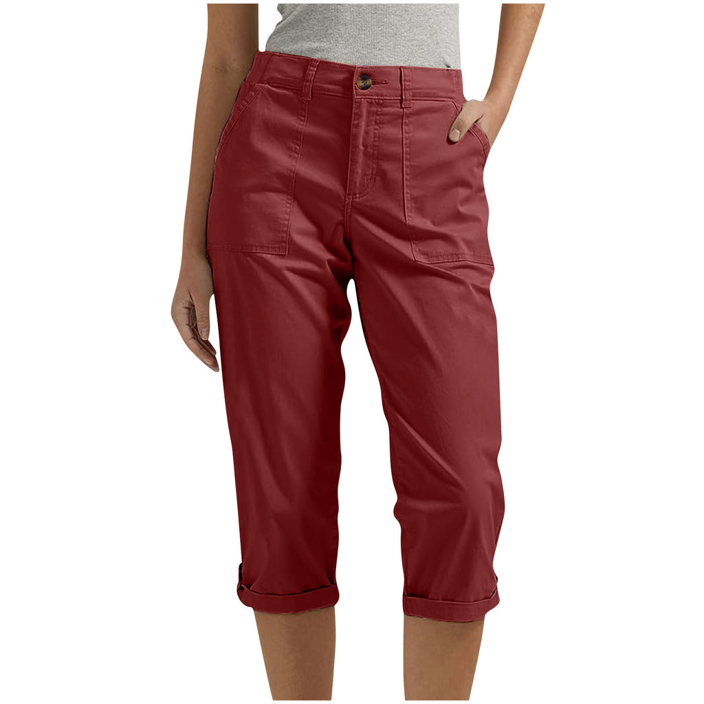 Vêtements de travail en couleur solide pour femmes Pantalons taille bouton Pantalons oreille Design Pantalons de jambes courbés pour femmes